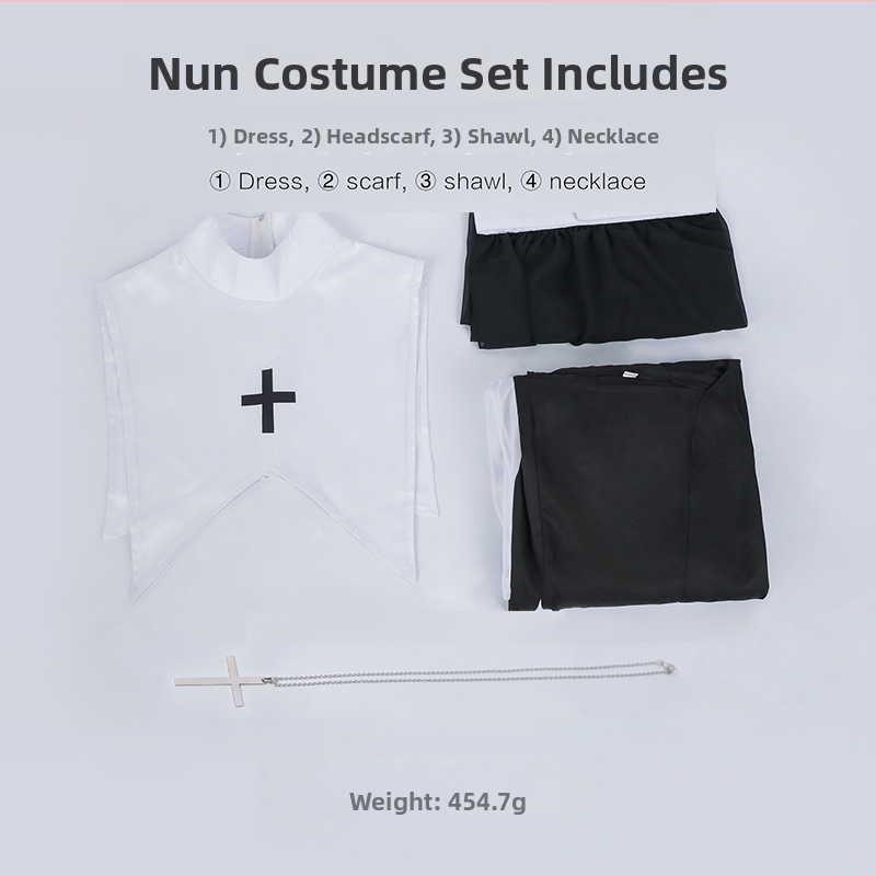 Nun cosplay ruha és hozzá tartozó szett hosszú ujjúval, retro irodalmi stílus, poliészter 95% + spandex 5%, plisírozott dizájn, téli 2022 kiadás