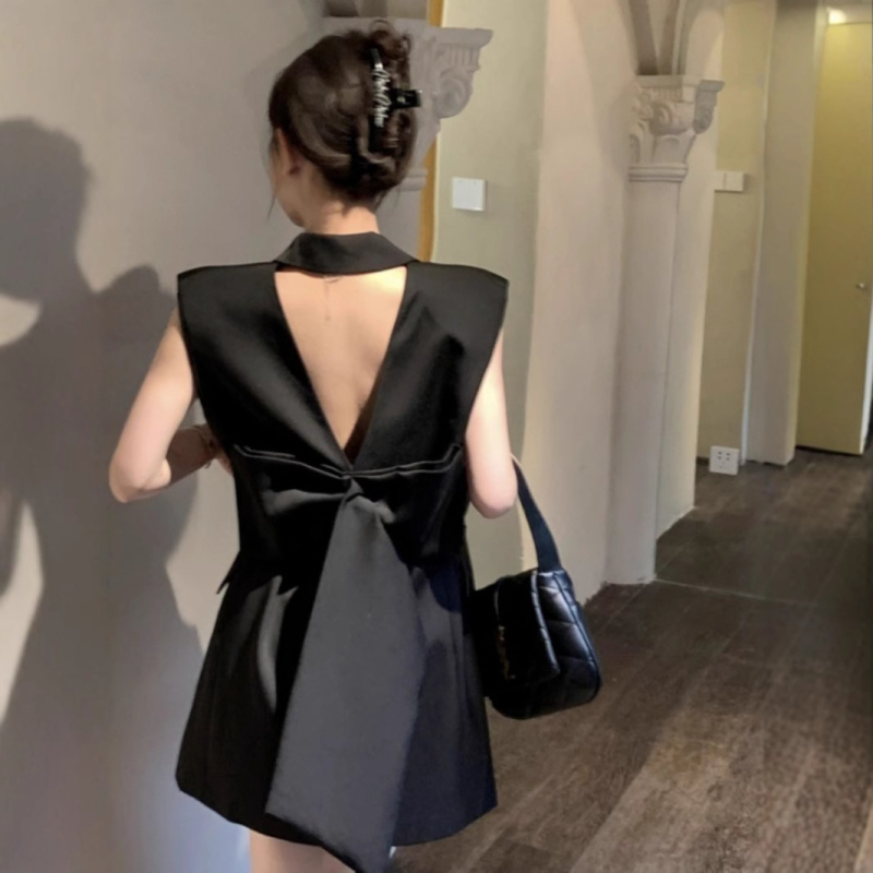 Bez rukava blazer haljina u europskom stilu sa stražnjom mašnicom, 3D uzorak, poliester, V-izrez, A-line silueta