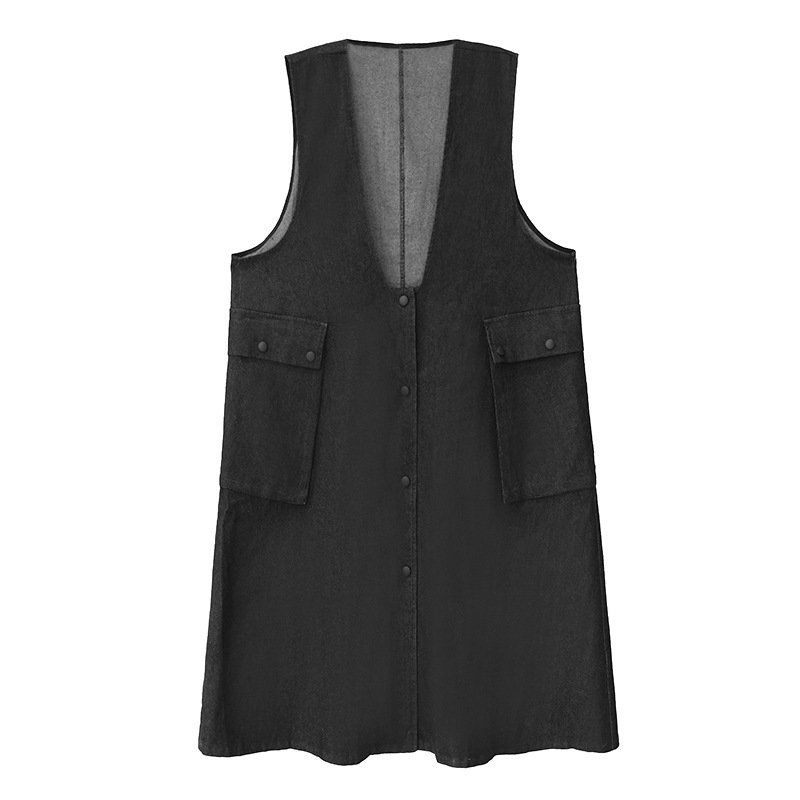 Denim haljina s trakama, V izrezom, bez rukava, slobodan struk, dugačak kroj