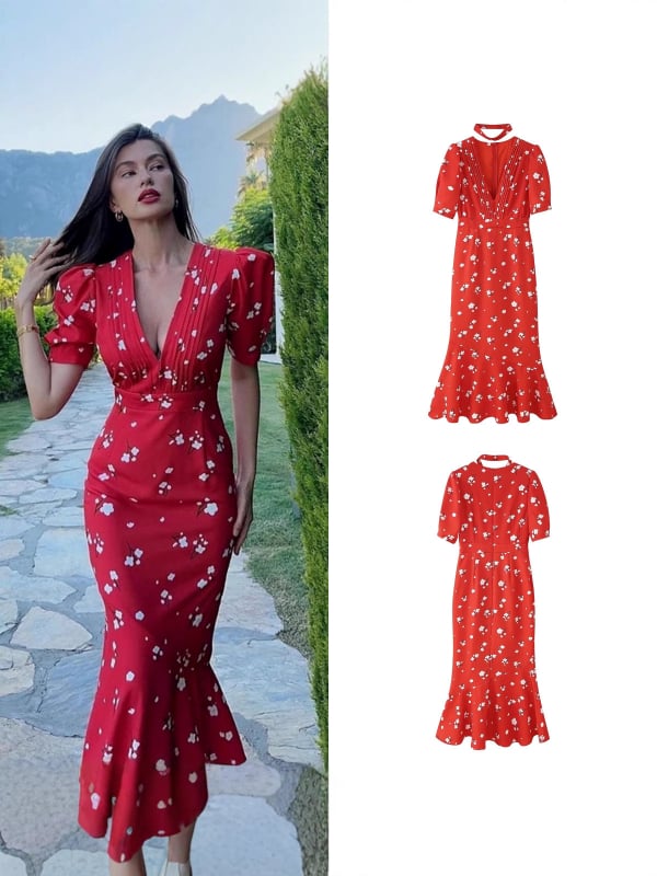 Рокля от полиестер с V-образно деколте, къси ръкави и дълга А-линейна кройка