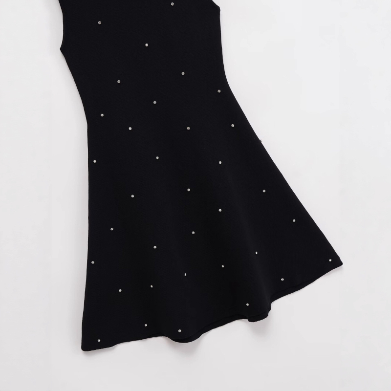Ukrašena perlama pleteni haljina bez rukava, okrugli izrez, A-kroj, kratka duljina, poliester