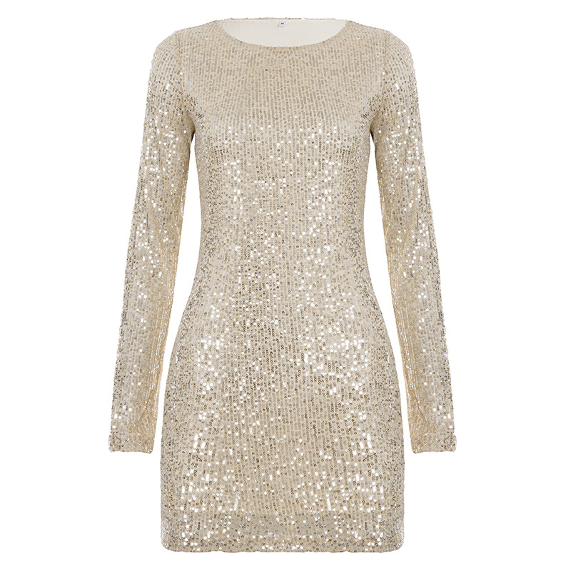 Poliészteres flitteres ruha, hosszú ujjú, kerek nyakú, magas derekú sziluettel