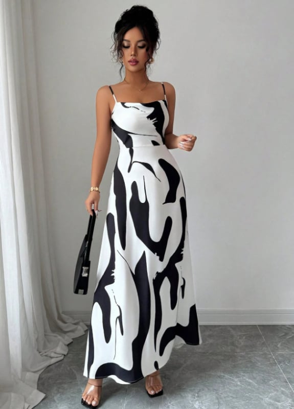 Haljina s trakama, bodycon kroj, geometrijski uzorak, bočni prorez, poliester