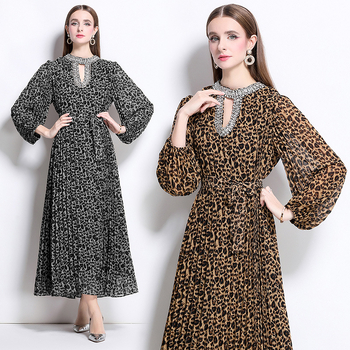 Haljina leopard uzorka od šifona, dugi rukavi, visoki ovratnik, duga suknja