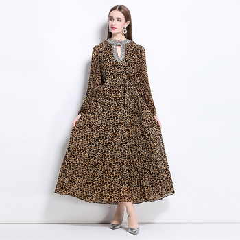 Haljina leopard uzorka od šifona, dugi rukavi, visoki ovratnik, duga suknja
