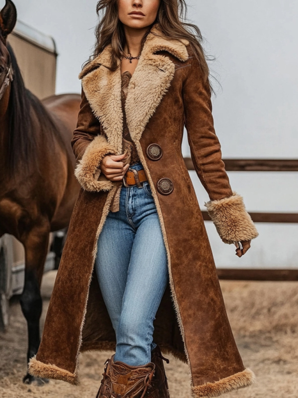 Ženski kaput od Snowflake fleece, zapadno-retro stil, dugačak kaput preko 100 cm, Turn-down ovratnik, dugi rukavi, prednje zatvaranje s dva gumba