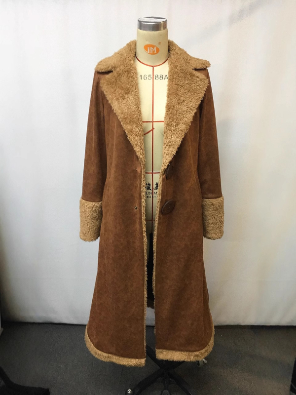 Ženski kaput od Snowflake fleece, zapadno-retro stil, dugačak kaput preko 100 cm, Turn-down ovratnik, dugi rukavi, prednje zatvaranje s dva gumba