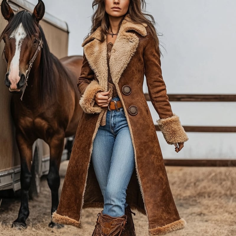 Ženski kaput od Snowflake fleece, zapadno-retro stil, dugačak kaput preko 100 cm, Turn-down ovratnik, dugi rukavi, prednje zatvaranje s dva gumba