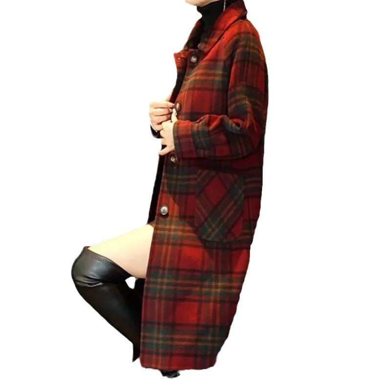 Kaput s kariranim uzorkom, slobodan kroj, srednja duljina, poliester tkanina
