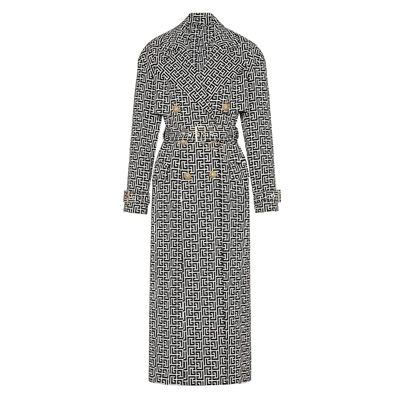 Дамско палто с жакардов колан в стил Хепбърн, средна дължина, двуредно копче, костюмна яка