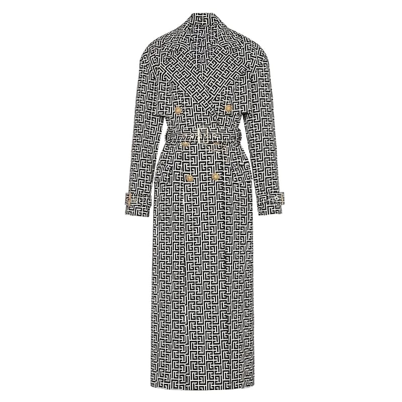 Дамско палто с жакардов колан в стил Хепбърн, средна дължина, двуредно копче, костюмна яка