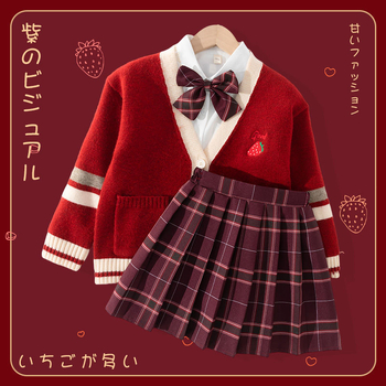 Lányok téli, egyetemi-stílusú három darabos szoknyás-kabátos pulóver szett, hosszú ujjú, pamut-poliészter keverék, rácsos mintázat, 3–8 éveseknek.