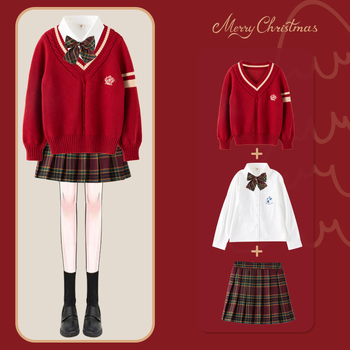 Lányok téli, egyetemi-stílusú három darabos szoknyás-kabátos pulóver szett, hosszú ujjú, pamut-poliészter keverék, rácsos mintázat, 3–8 éveseknek.