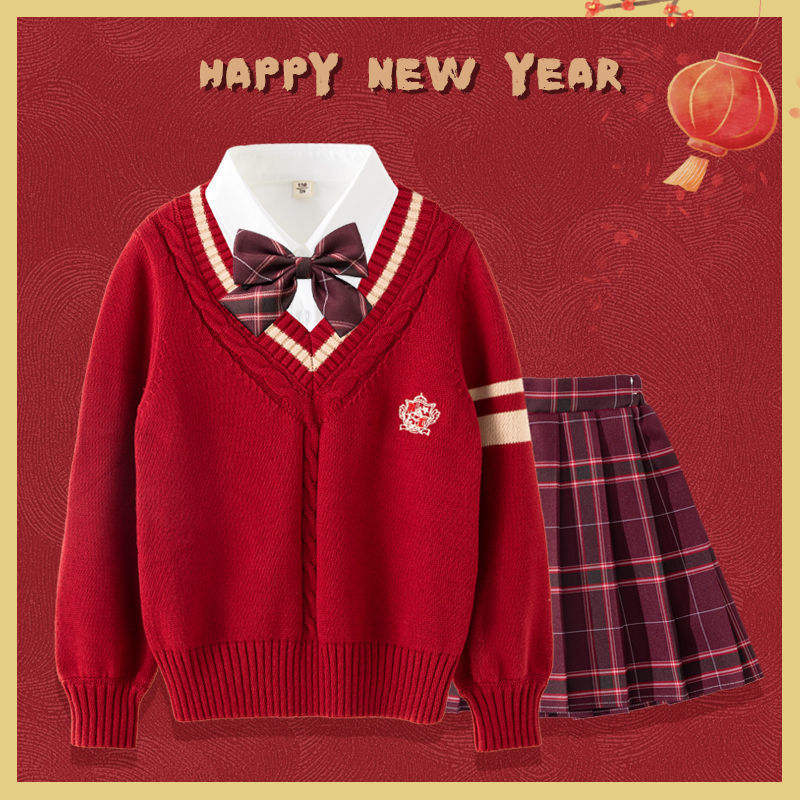 Lányok téli, egyetemi-stílusú három darabos szoknyás-kabátos pulóver szett, hosszú ujjú, pamut-poliészter keverék, rácsos mintázat, 3–8 éveseknek.