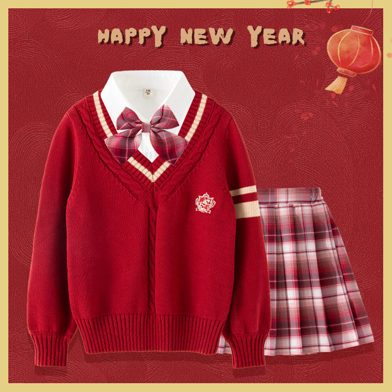 Lányok téli, egyetemi-stílusú három darabos szoknyás-kabátos pulóver szett, hosszú ujjú, pamut-poliészter keverék, rácsos mintázat, 3–8 éveseknek.