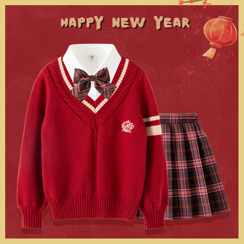 Lányok téli, egyetemi-stílusú három darabos szoknyás-kabátos pulóver szett, hosszú ujjú, pamut-poliészter keverék, rácsos mintázat, 3–8 éveseknek.