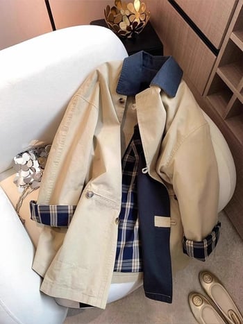 Дамско палто с свободна кройка до средна дължина, лацкан, закопчаване с цип, полиестерна материя с 3D ефект (95%+ полиестер), пролет 2025 — градски стил за ежедневното пътуване