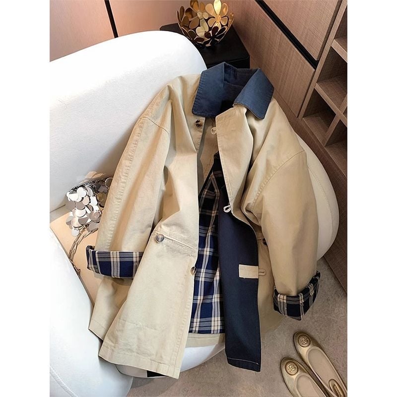 Дамско палто с свободна кройка до средна дължина, лацкан, закопчаване с цип, полиестерна материя с 3D ефект (95%+ полиестер), пролет 2025 — градски стил за ежедневното пътуване