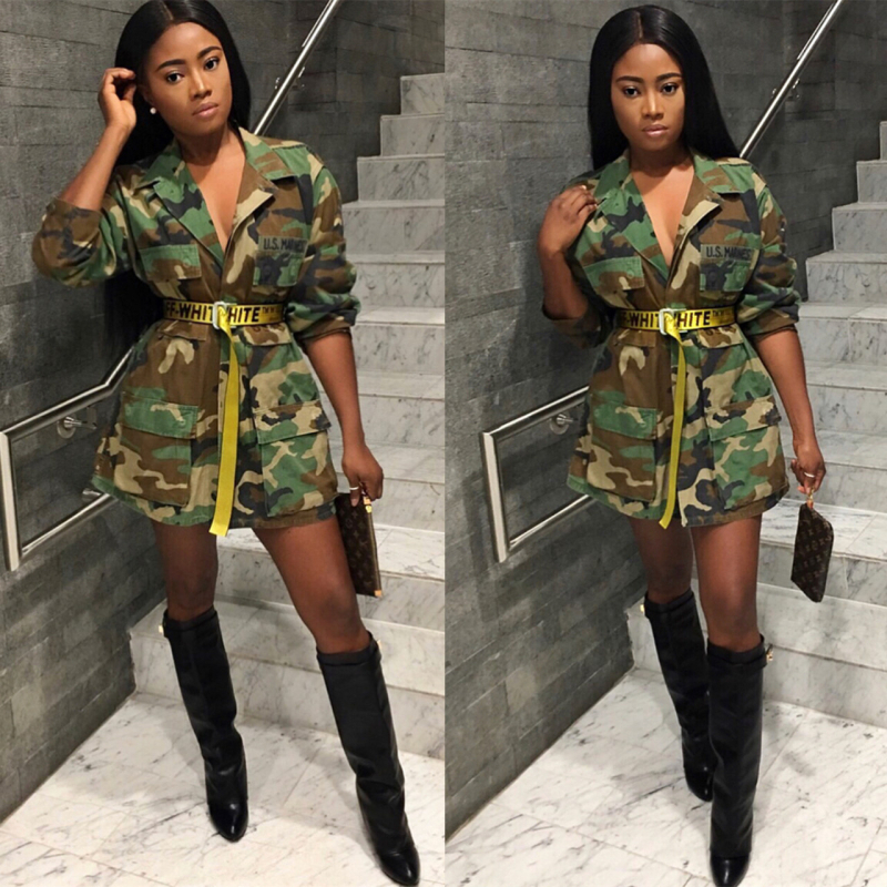 Дамско палто с камуфлажен принт, средна дължина, стойка яка, дълги ръкави, еднобортно закопчаване