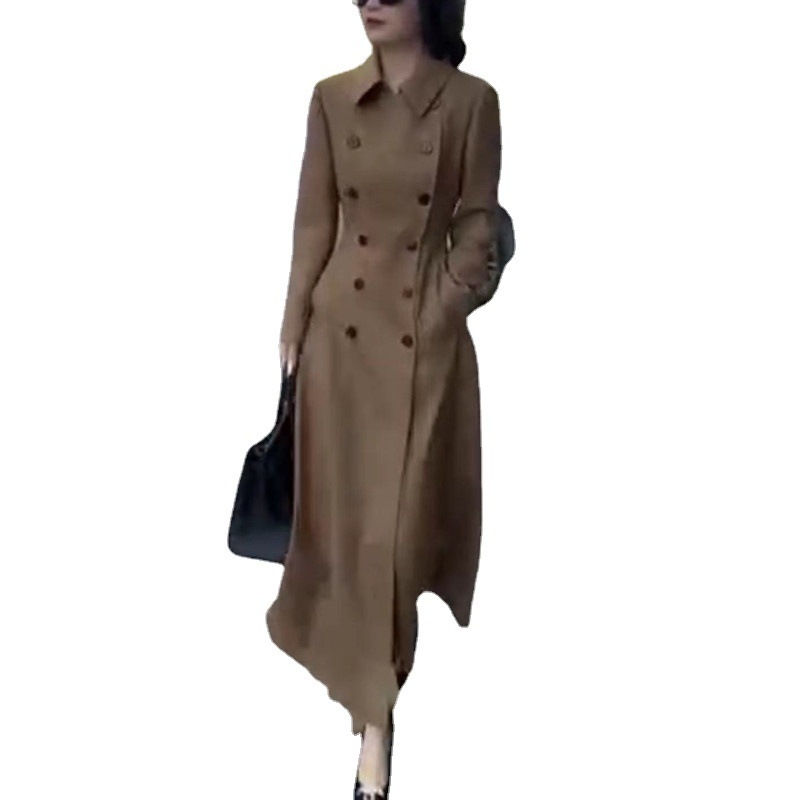Дълго тренч палто от полиестер, ревери, двуредно копчане, тясна кройка, дължина 80–100 см