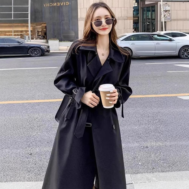 Женско палто в британски стил, средна дължина, памучно-смесен плат, копринен финиш, A-line силует