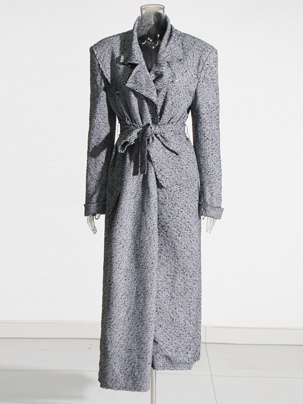 Ženski trench coat s ovratnikom u stilu šala, produženi kroj, poliester, uski kroj, prednje vezanje šnonom