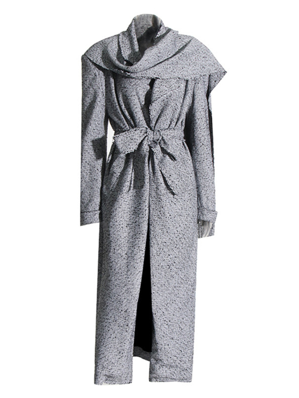 Ženski trench coat s ovratnikom u stilu šala, produženi kroj, poliester, uski kroj, prednje vezanje šnonom
