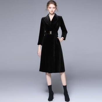 Дамско палто в стил Хепбърн, средна дължина, тесен силует, памук-полиестер смесена тъкан, костюмна яка, дълги ръкави, Зима 2021
