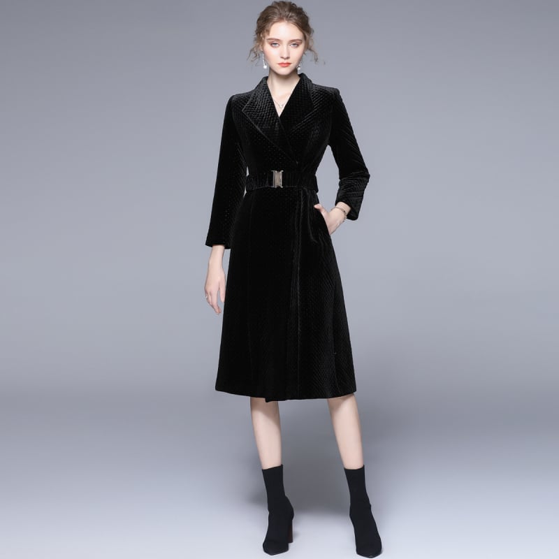 Дамско палто в стил Хепбърн, средна дължина, тесен силует, памук-полиестер смесена тъкан, костюмна яка, дълги ръкави, Зима 2021
