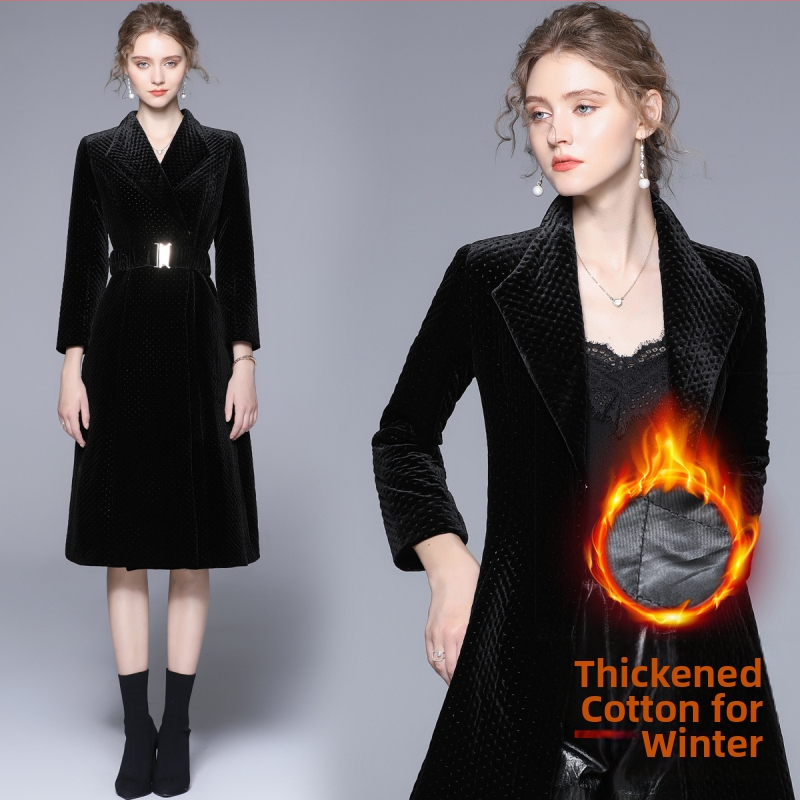 Дамско палто в стил Хепбърн, средна дължина, тесен силует, памук-полиестер смесена тъкан, костюмна яка, дълги ръкави, Зима 2021