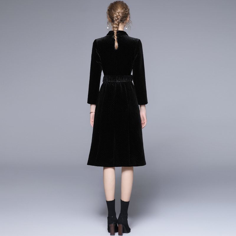 Дамско палто в стил Хепбърн, средна дължина, тесен силует, памук-полиестер смесена тъкан, костюмна яка, дълги ръкави, Зима 2021