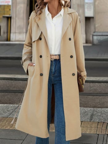 Дамски полиестерен тренчкот, едноцветен, дълъг модел, лацкан, двуредно закопчаване