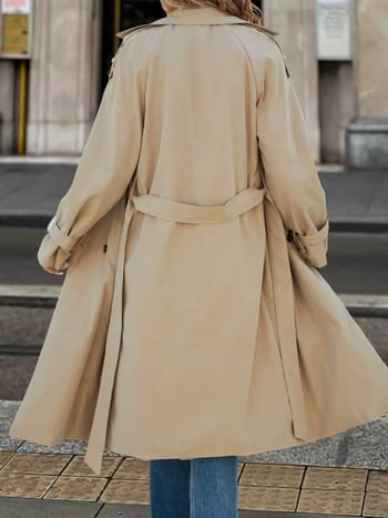 Дамски полиестерен тренчкот, едноцветен, дълъг модел, лацкан, двуредно закопчаване