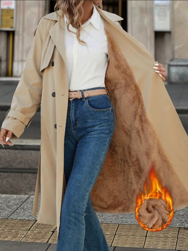 Дамски полиестерен тренчкот, едноцветен, дълъг модел, лацкан, двуредно закопчаване