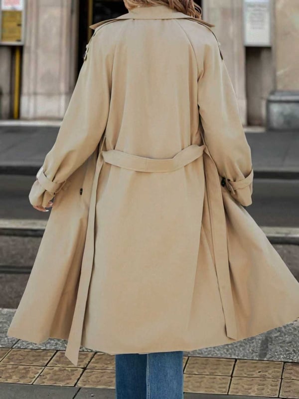 Дамски полиестерен тренчкот, едноцветен, дълъг модел, лацкан, двуредно закопчаване