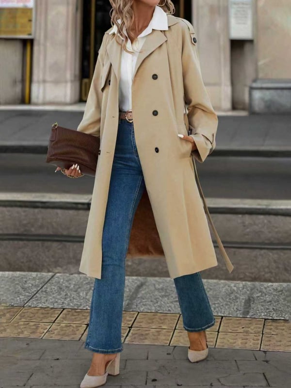 Дамски полиестерен тренчкот, едноцветен, дълъг модел, лацкан, двуредно закопчаване