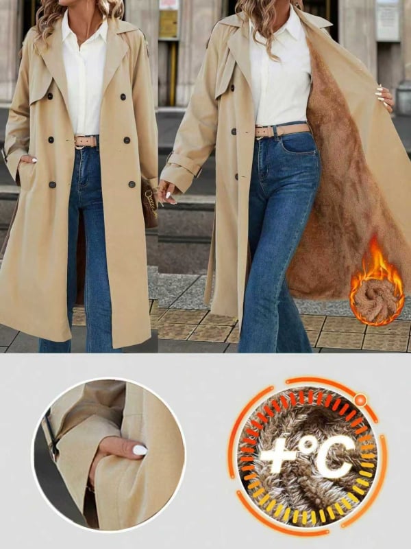 Дамски полиестерен тренчкот, едноцветен, дълъг модел, лацкан, двуредно закопчаване