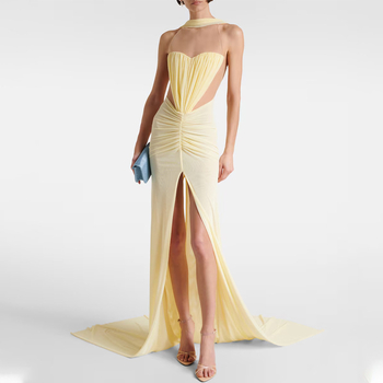 Rochie de seară cu halter și decolteu în V, fără mâneci, lungă, asimetrică din plasă, fermoar, mătase tussah (90–95%)