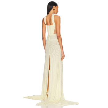 Rochie de seară cu halter și decolteu în V, fără mâneci, lungă, asimetrică din plasă, fermoar, mătase tussah (90–95%)