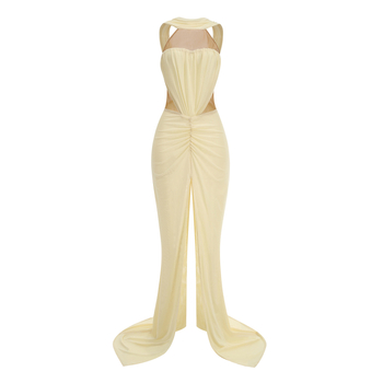 Rochie de seară cu halter și decolteu în V, fără mâneci, lungă, asimetrică din plasă, fermoar, mătase tussah (90–95%)