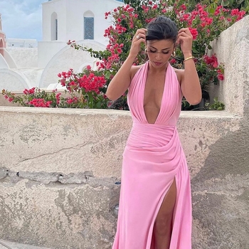 WQ25047 Rochie halter cu decolteu U, plisé cu deschidere, lungă, talie înaltă, material poliester-spandex