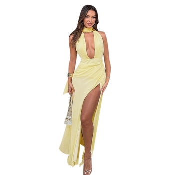 WQ25047 Rochie halter cu decolteu U, plisé cu deschidere, lungă, talie înaltă, material poliester-spandex