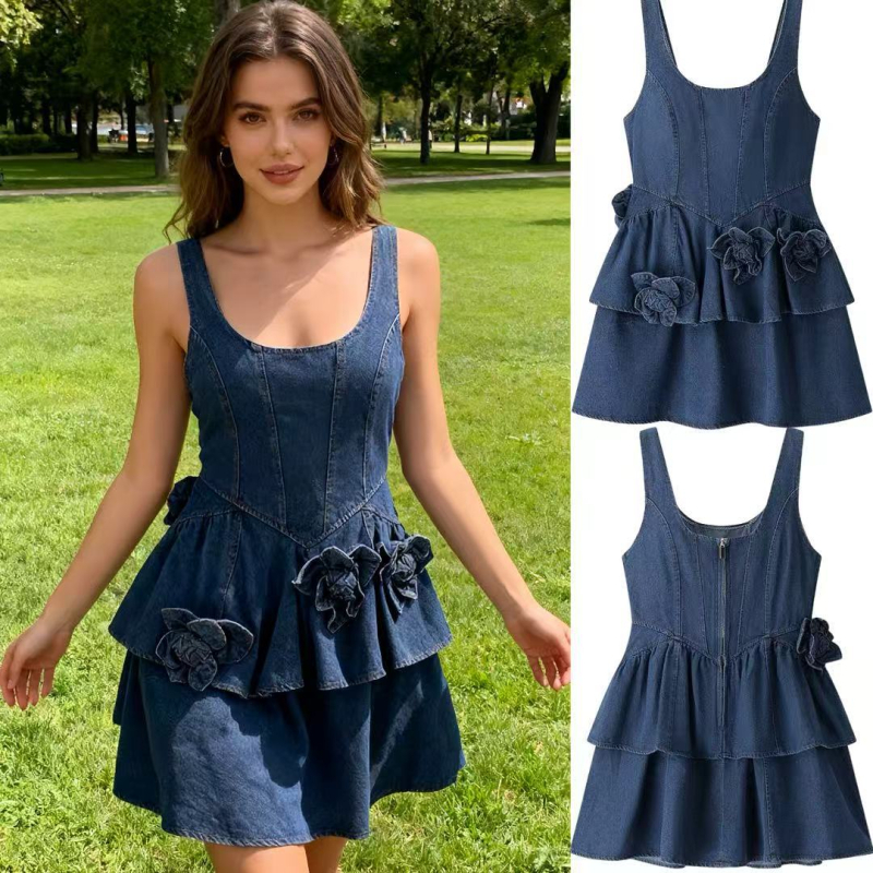 Rochie fără mâneci cu imprimeu floral, poliester, talie înaltă, croială pufoasă, lungime midi