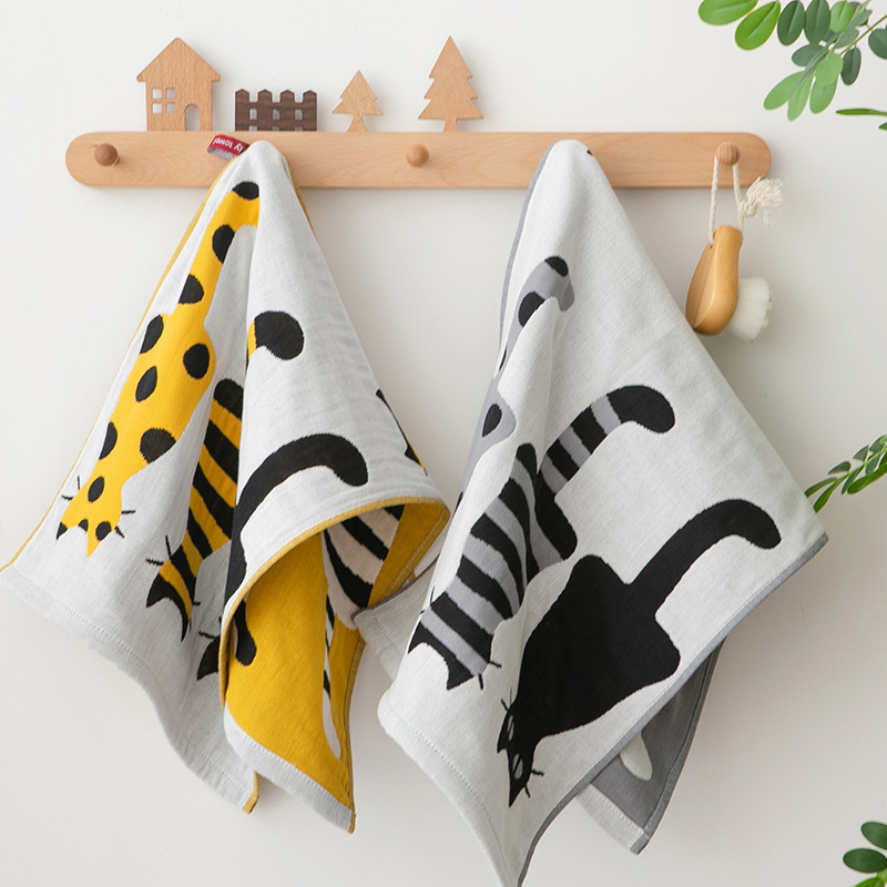 Pamut géz arc-törölköző felnőtteknek és babáknak, aranyos rajzfilm mintával, puha és nedvszívó, Jacquard szövés, 80–100 g