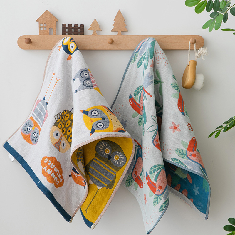 Pamut géz arc-törölköző felnőtteknek és babáknak, aranyos rajzfilm mintával, puha és nedvszívó, Jacquard szövés, 80–100 g