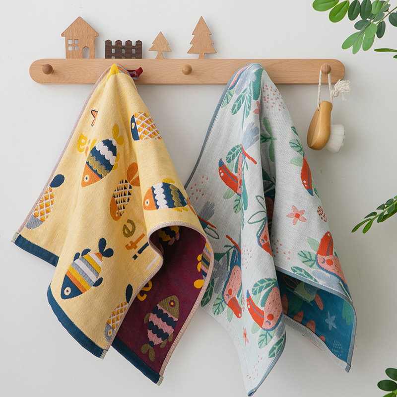 Pamut géz arc-törölköző felnőtteknek és babáknak, aranyos rajzfilm mintával, puha és nedvszívó, Jacquard szövés, 80–100 g