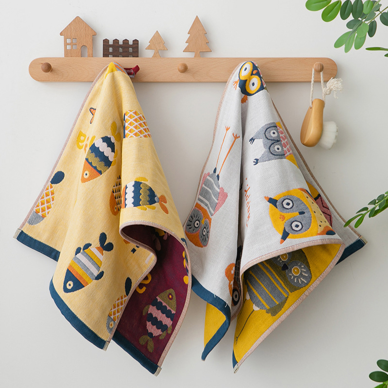 Pamut géz arc-törölköző felnőtteknek és babáknak, aranyos rajzfilm mintával, puha és nedvszívó, Jacquard szövés, 80–100 g