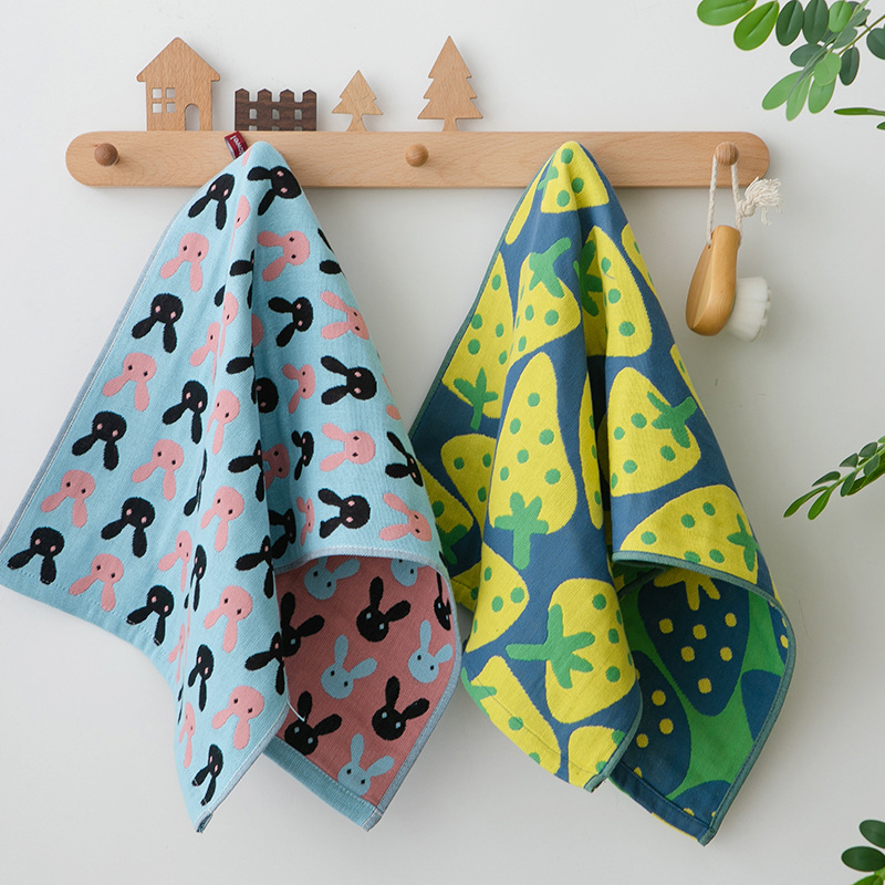 Pamut géz arc-törölköző felnőtteknek és babáknak, aranyos rajzfilm mintával, puha és nedvszívó, Jacquard szövés, 80–100 g