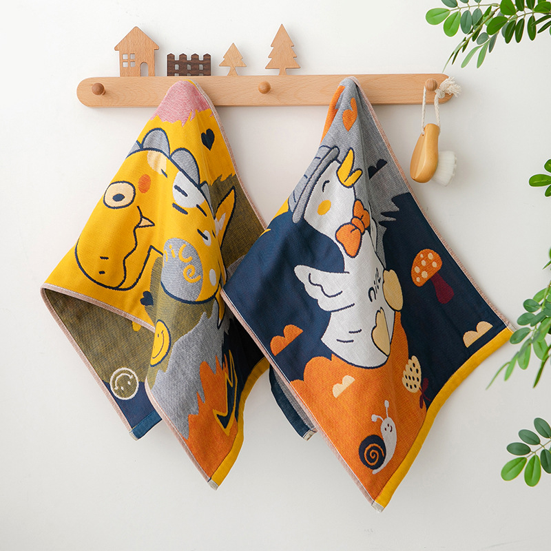 Pamut géz arc-törölköző felnőtteknek és babáknak, aranyos rajzfilm mintával, puha és nedvszívó, Jacquard szövés, 80–100 g