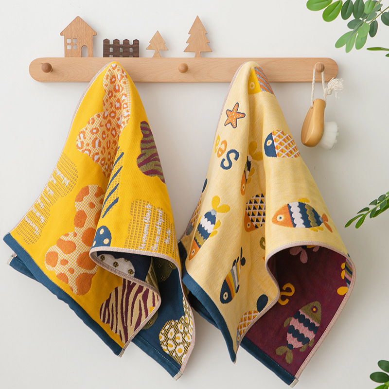 Pamut géz arc-törölköző felnőtteknek és babáknak, aranyos rajzfilm mintával, puha és nedvszívó, Jacquard szövés, 80–100 g